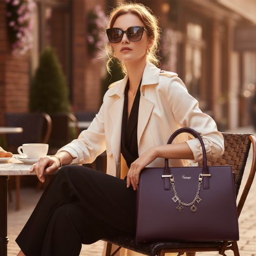 Feelings Plum Purple Leather Tote Bag with Charm