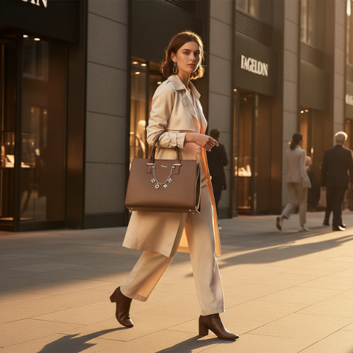 Feelings Taupe Grey Leather Tote Bag with Charm