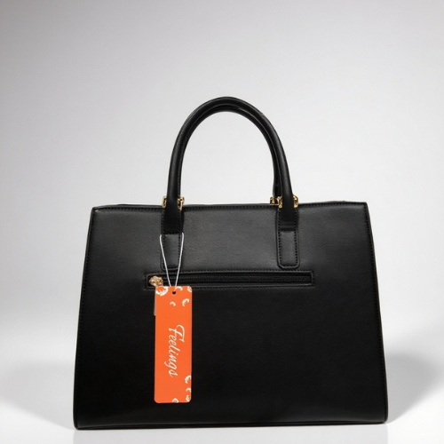 Feelings Classic Black Leather Tote Bag with Charm