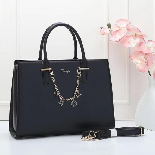 Feelings Classic Black Leather Tote Bag with Charm