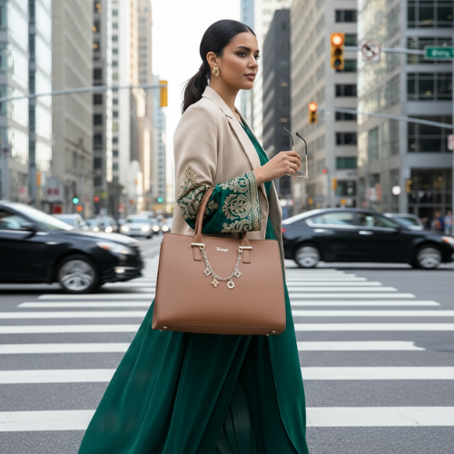 Feelings Tan Brown Leather Tote Bag with Charm