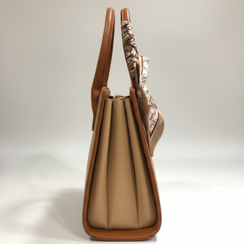 Feelings Tan Brown Tote Bag with Geometric Silk Scarf