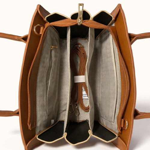 Feelings Tan Brown Tote Bag with Geometric Silk Scarf