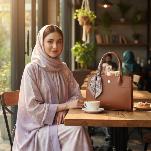 Feelings Tan Brown Tote Bag with Geometric Silk Scarf