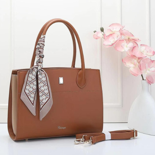Feelings Tan Brown Tote Bag with Geometric Silk Scarf