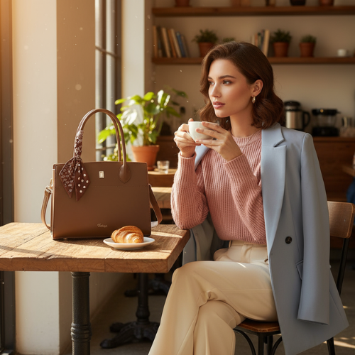 Feelings Mocha Brown Tote Bag with Printed Silk Scarf