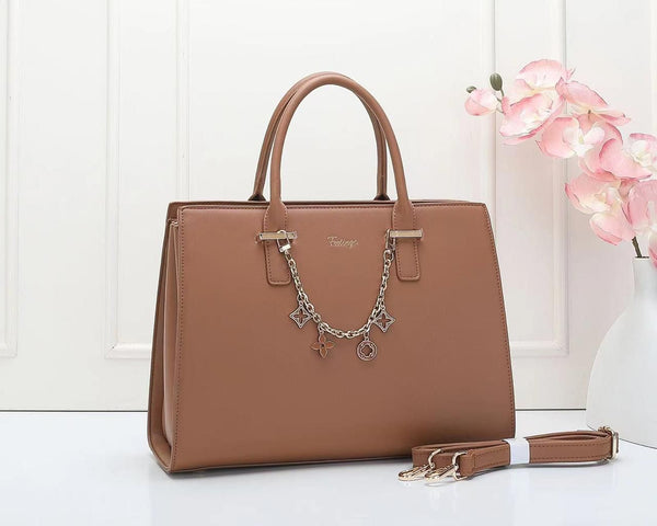 Feelings Tan Brown Leather Tote Bag with Charm